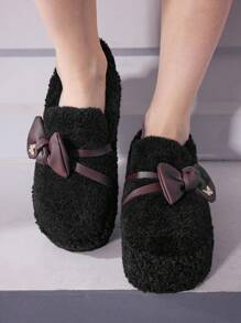 Sugerpunk 黑色乐福鞋一脚蹬软底玛丽珍小皮鞋配蝴蝶结皮带扣朋克哥特毛绒女式厚底平底鞋新年假期 - 黑色 - 查看 4