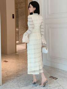 DAZY Váy đuôi cá tay loe thắt nơ cổ bán rùa, chất liệu vải họa tiết, thời trang xuân/hè, dành cho ngày lễ tình nhân, ngày lễ thu, đông - trắng - Xem 11