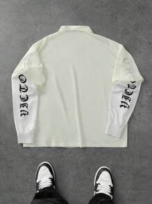 Manfinity Campus Court 男士运动学院 INS 篮球球衣网眼面料超大 23 号印花长袖纽扣领二合一米色网球 Polo 衫、平纹针织衬衫、纽扣式网球 Polo 衫、23 号衬衫、号码衬衫、衬衫 Y2k，适合秋季 - 彩色 - 查看 2