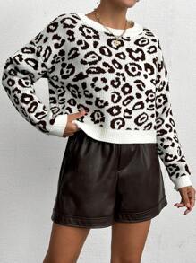 EURMUSE Leopard Pattern Knit Crewneck Sweater, Casual For Autumn/Winter - Brown - View 4