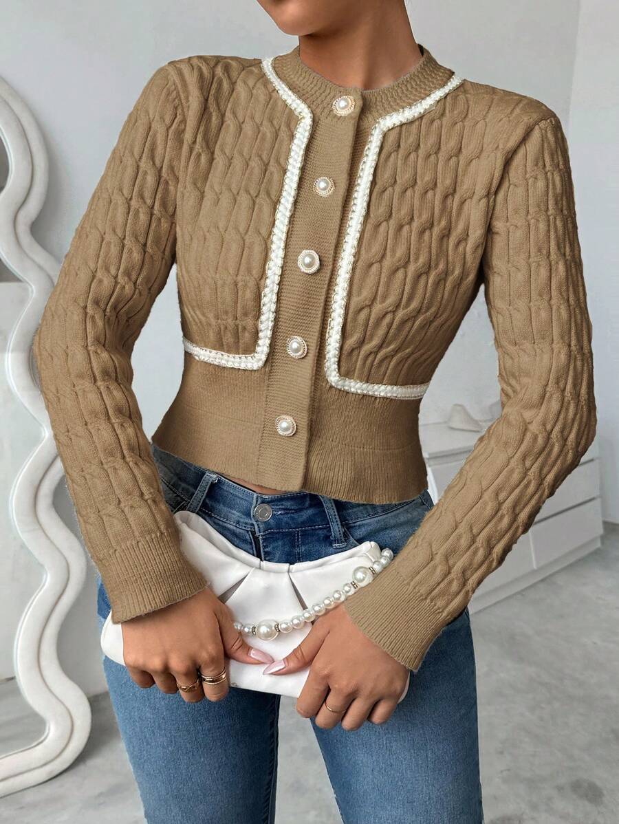 SHEIN Unity Women's Long Sleeve Twisted Cable Knit Trim Cropped Cardigan, For Autumn/Winter - Khaki - View 1