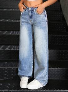 SHEIN 少女 Y2K 时尚纯色复古水洗宽松直筒牛仔裤，秋季服装返校街头服饰 - 淺色水洗藍 - 查看 3