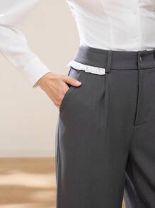 EastFlair Women's Grey Casual Elegant Lace Panel Loose Wide-Leg Pants, Christmas Clothing, Winter Wear - Grey - View 3