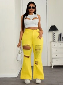 SHEIN ICON Plus Size Plain Distressed Fitted Flared Leg Jeans - Yellow - View 3
