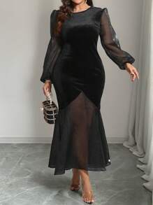 SHEIN Clasi Đầm dự tiệc Giáng sinh thanh lịch, tay dài, màu trơn, viền đuôi cá, cỡ lớn cho nữ, trang phục Maxi mùa xuân/hè - màu đen - Xem 6