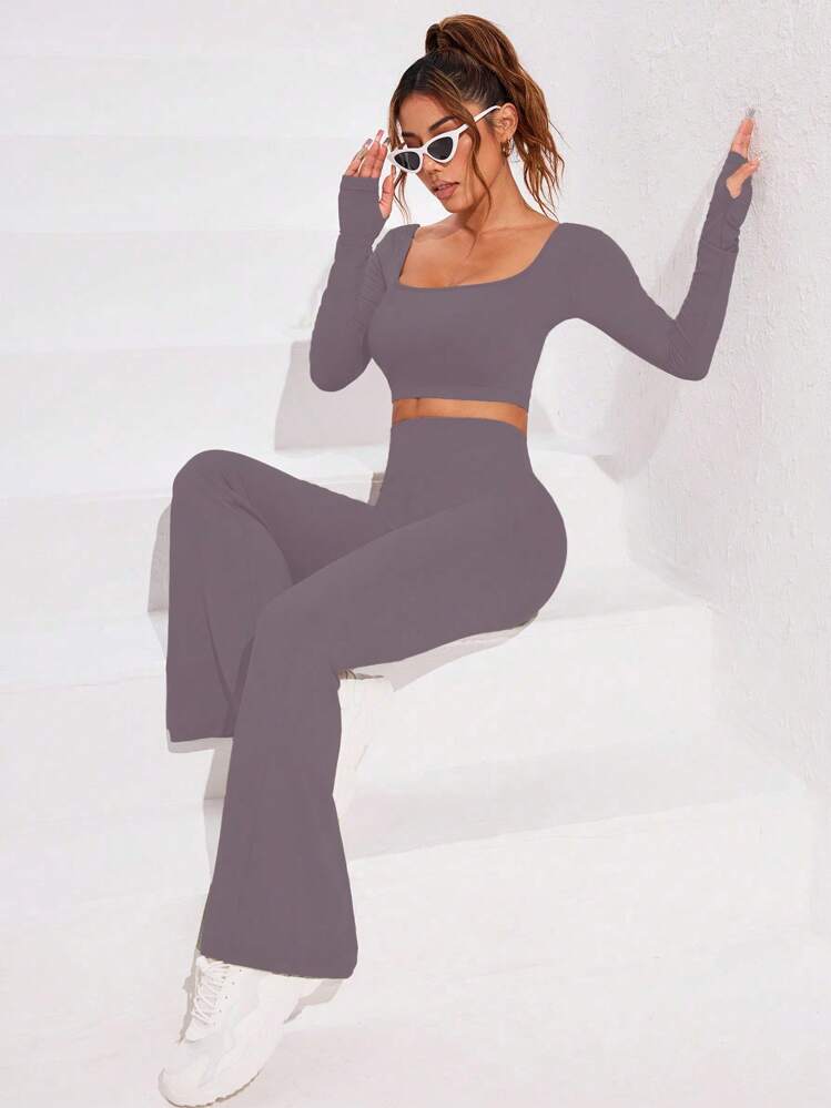 Conjunto deportivo de mujer con top corto de cuello redondo de manga larga y leggings de un solo color - Púrpura polvoriento - Añade 3