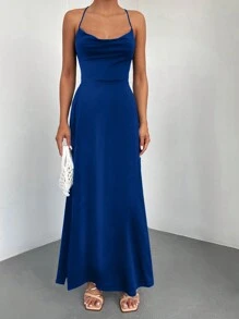 EURMUSE Draped Collar Split Thigh Cami Dress - Blue - View 5