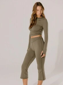 Aralina Leisurewear Olive Green Longsleeve Ruched And Kick Flare Dance Edge Set - Khaki - View 8