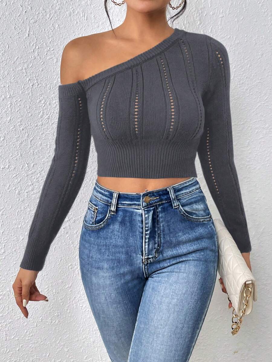 Chiquease 女士纯色不对称领长袖休闲日常针织套头衫秋冬毛衣 - 深灰色 - 查看 1