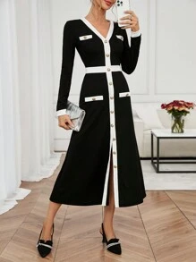 SHEIN Clasi 女士优雅黑白撞色饰边口袋休闲长裙，通勤和约会皆宜