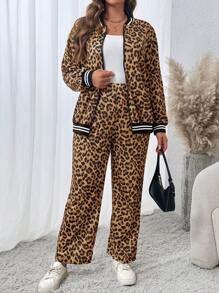 Conjunto de 2 piezas para mujer talla grande, con manga larga estampado de leopardo, moda retro estadounidense, diseño elegante, corte holgado, efecto adelgazante, atuendo versátil para otoño/invierno para ropa de fiesta de Año Nuevo