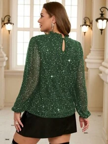 SHEIN Clasi Plus Size Women Luxury Party Black Metallic Gold/Silver Loose Ruffle Collar Long Sleeve Christmas Blouse, Autumn/Winter Holiday Top