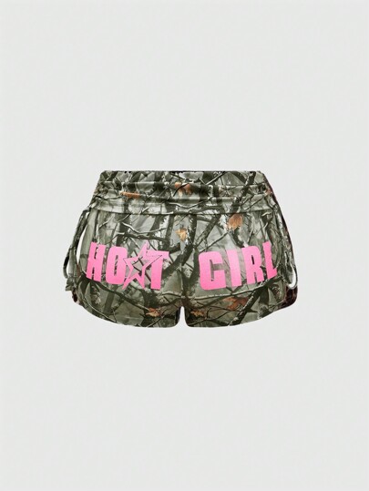Y2K Low Rise Ultra-Short Drawstring Camo Star Letter Print Plus Size Shorts