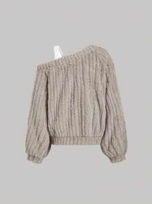 SHEIN MOD Oblique Shoulder, Puff Sleeve, Side Ruffle Hem Oversized Plush Sweatshirt,Brunch Women Outfit, Homecoming, 90s Outfit, Ladies Late Fall Casual Contrast Fluffy, Zipper Regular Sleeve Hooded Regular Fit White Plain Women Sweatshirt, Casual Daily Wear