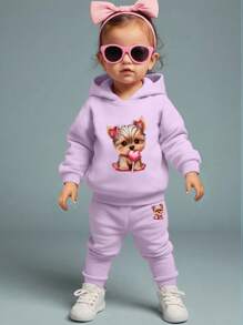 年轻女孩可爱猫咪印花连帽运动衫套装，时尚休闲 - 紫色 - 查看 1