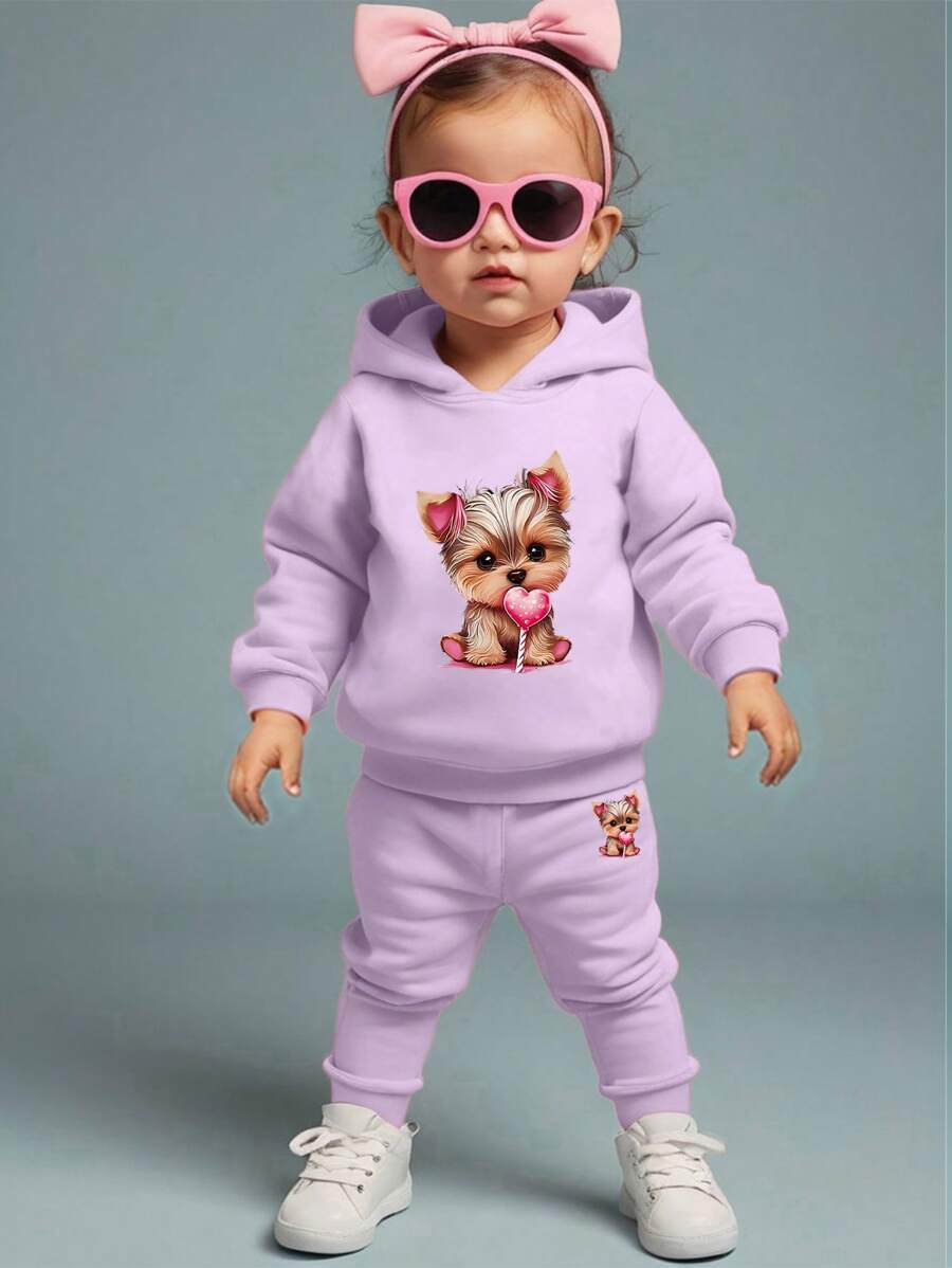 年轻女孩可爱猫咪印花连帽运动衫套装，时尚休闲 - 紫色 - 查看 1