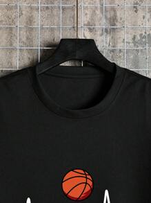 Manfinity Dauomo Men Electrocardiogram & Basketball Print Tee, 2000s Style - Black - View 3
