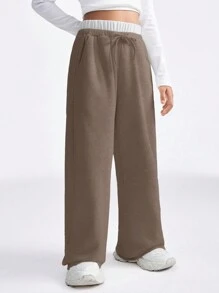 SHEIN Tween Girls' Casual Drawstring Simple Gray Jogger Pants For Daily Wear - Brown - View 6