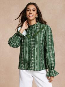Almamuse Women's Fresh Printed Lace Patchwork Blouse Fall Cloth For Women - Green - View 3