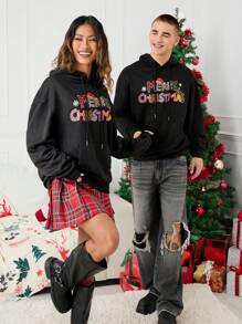 Manfinity VCAY Men Direct Print Loose Drop Shoulder Long Sleeve Hooded Sweatshirt, Suitable For Autumn/Winter, Christmas Season Going Out Black Letter Hoodie, For Friends, Husband, Boyfriend Gifts