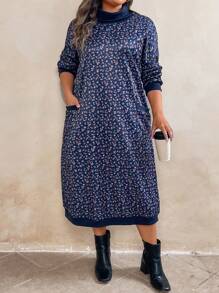 Vestido maxi para mujer de talla grande con cuello alto, estampado floral minúsculo y forro térmico - Multicolor - Ver 5