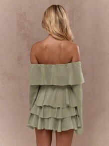 MISSGUIDED 波希米亞幸運符鼠尾草綠荷葉邊迷你裙，側邊層疊流蘇設計，適合節慶聖帕特里克節派對愛爾蘭主題波希米亞風舞蹈慶典 - 綠色 - 查看 2