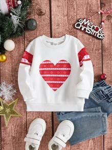 SHEIN Baby Boy Crew Neck Long Sleeve Knit Sweatshirt With Heart Print, Fuzzy Sleeves, Autumn/Winter (Sold Separately, 3 Pieces) - White - View 5