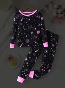 SHEIN Girls Pajamas Set - Tight-Fitting Long Sleeve Top And Long Pants Sleepwear With Luminous Star And Moon Print, For Toddlers - Black - View 1
