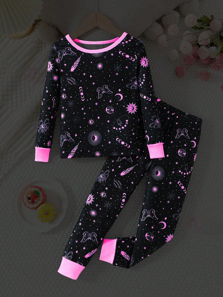SHEIN Girls Pajamas Set - Tight-Fitting Long Sleeve Top And Long Pants Sleepwear With Luminous Star And Moon Print, For Toddlers - Black - View 1