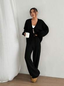 SHEIN Unity 2 件套休闲纯色系带开衫和裤子套装 - 黑色 - 查看 4