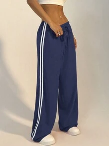 FavEase Contrast Stripe Drawstring Waist Straight Pants Fall Cloth For Women - Navy Blue - View 6