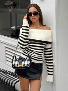 SHEIN Unity Women's Striped Foldover Off Shoulder Long Sleeve Knit Sweater Knit Pullover Fall Winter - Black and White - View 7