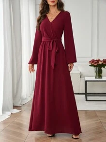 Ellevyn 女士勃艮第红 A 字裙，时尚通勤、休闲外套、秋冬 - 酒紅色 - 查看 5