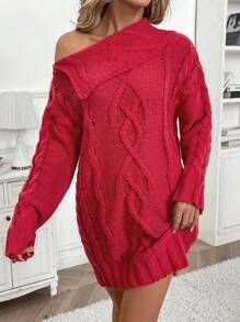 SHEIN LUNE 女士不对称领长袖宽松针织毛衣连衣裙，秋冬季新年衣服 - 紅色 - 查看 1