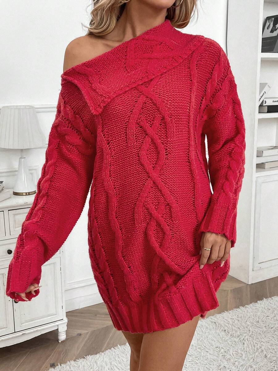 SHEIN LUNE 女士不对称领长袖宽松针织毛衣连衣裙，秋冬季新年衣服 - 紅色 - 查看 1