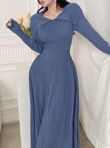 Feyla Women's Solid Color Lapel Long Sleeve Casual Long Sweater Dress In Fall/Winter - Blue - View 3