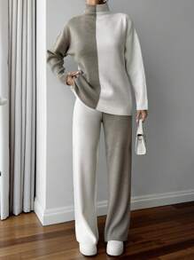 EURMUSE Colorblock Beige Sweater And Pant 2 Pcs Knitwear Set Casual Simple - Beige - View 5