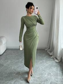 Selianne Women's Elegant Work Commute Solid Color Form-Fitting Round Neck Folding Collar Long Sleeve Bodycon Dress, Spring/Autumn/Winter Maxi Women Outfit Fall Cloth For Women