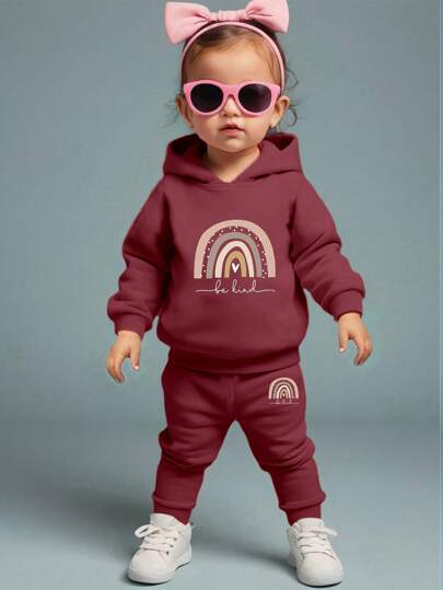 Dziewczęcy zestaw z nadrukiem graficznym i napisem, bluzka z kapturem i długimi rękawami, modny, swobodny i wygodny