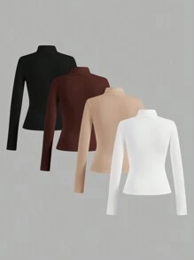 SHEIN Essnce Bộ 4 áo thun trơn cổ tròn tay dài phù hợp cho nữ, thường ngày & đa năng, mùa xuân thu, mùa đông - Nhiều màu - Xem 2