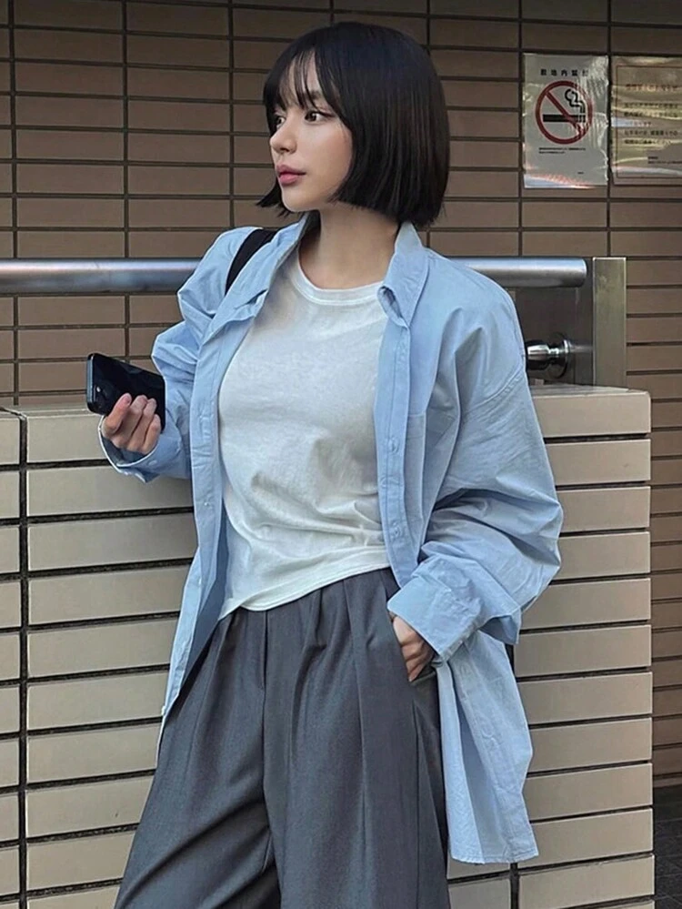 Women Loose Mid-Length Solid Color Shirt, Casual & Fashionable For Daily Wear Long Sleeve Top