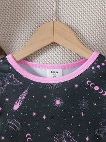 SHEIN Girls Pajamas Set - Tight-Fitting Long Sleeve Top And Long Pants Sleepwear With Luminous Star And Moon Print, For Toddlers - Black - View 5