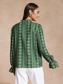 Almamuse Women's Fresh Printed Lace Patchwork Blouse Fall Cloth For Women - Green - View 2