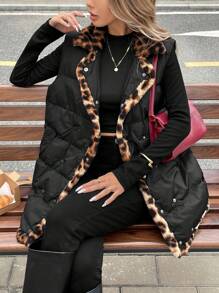SHEIN Frenchy Women Casual All-Over Print Padded Coat, Autumn/Winter,French Print Warm Quilted Long Sleeve Jacket,Fall And Winter  Winter Women Coat Black Coat