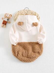 Cozy Pixies 新生儿男女宝宝可爱卡通熊图案撞色连帽长袖抓绒连体衣，保暖休闲，百搭实用，适合冬季、室内、室外、节日、圣诞节、雪天、新年等多种场合。