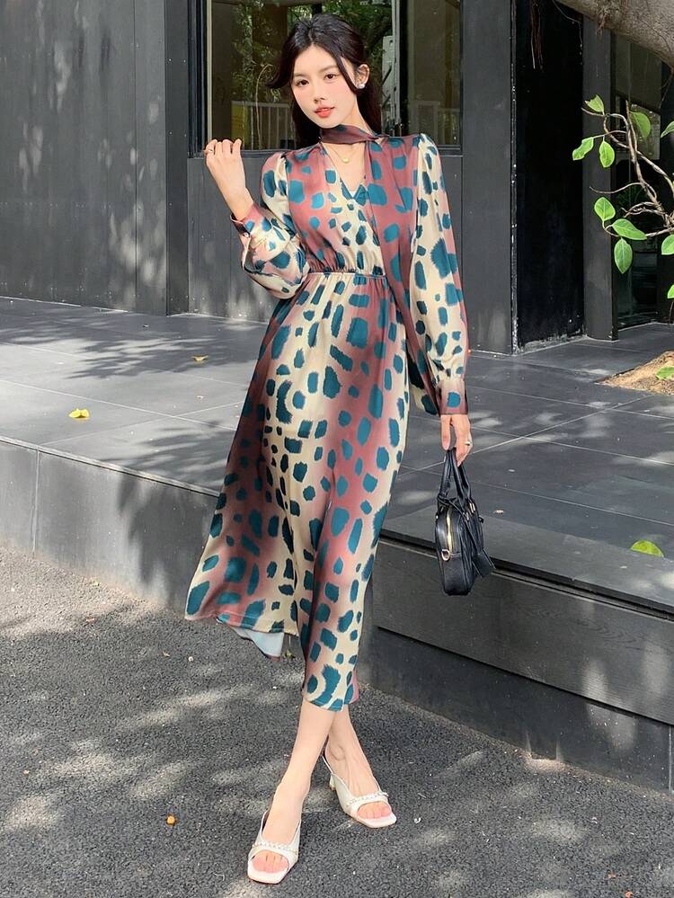 Women's Mid-Length Polka Dot Casual Mid-Length Dress,Fall Dress Long Sleeve Dress Leopard Print
