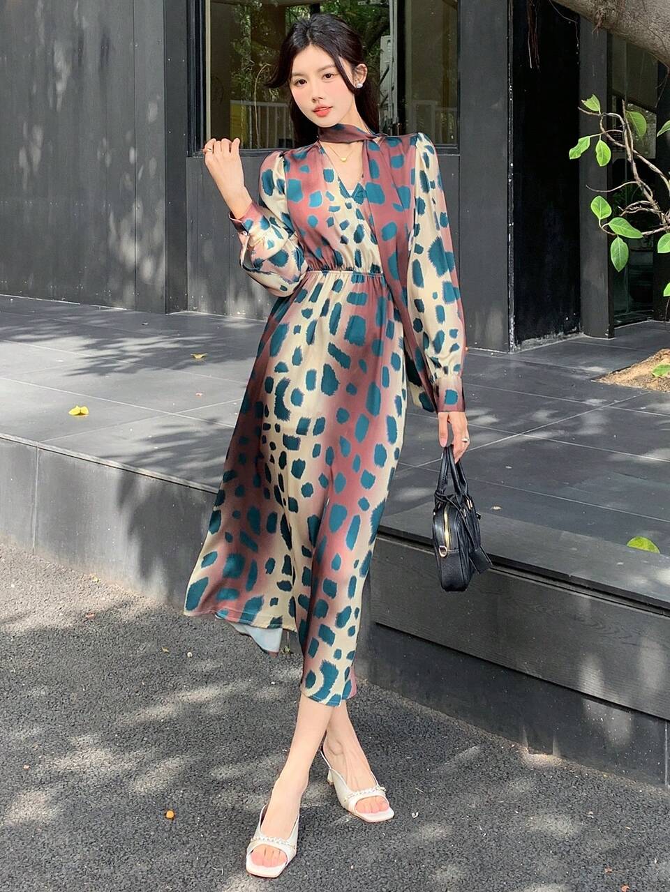Women's Mid-Length Polka Dot Casual Mid-Length Dress,Fall Dress Long Sleeve Dress Leopard Print