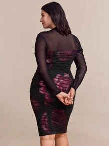 SHEIN Clasi 大码女式优雅浪漫黑色花卉印花修身长袖连衣裙，仙女裙 - 彩色 - 查看 2