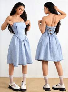 SHEIN EZwear Robe en jean tube sans dos et croisée pour femmes, lavée à la mode