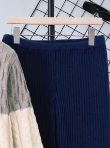 Teen Boys Color Block Textured Knit Sweater And Elongated Pants Set, Suitable For Autumn/Winter Wear